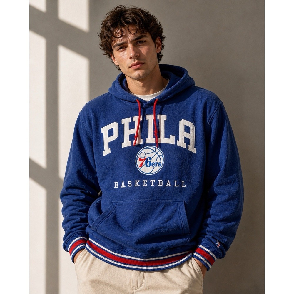 UNK NBA Philadelphia 76ers PHILA Basketball Embroidered Hoodie Men's Large‎ Blue
